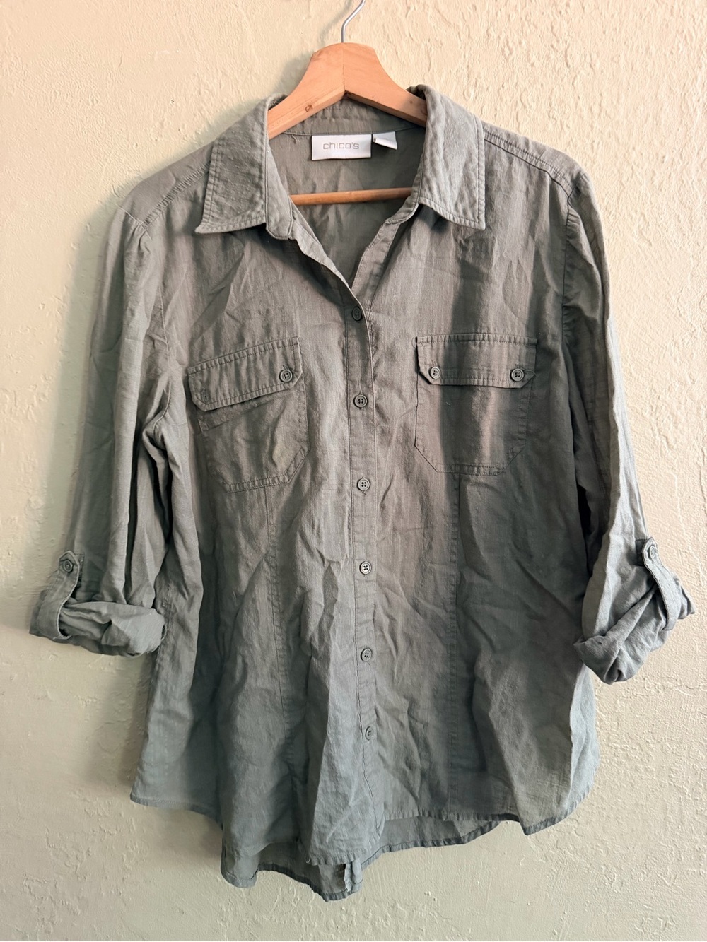 Chico's Lightweight Button-Up Linen Blend Shirt in Sage Green